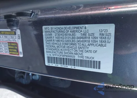 2023 Honda Ridgeline Rtl из США, поврежденный, VIN 5FPYK3F58PB066929